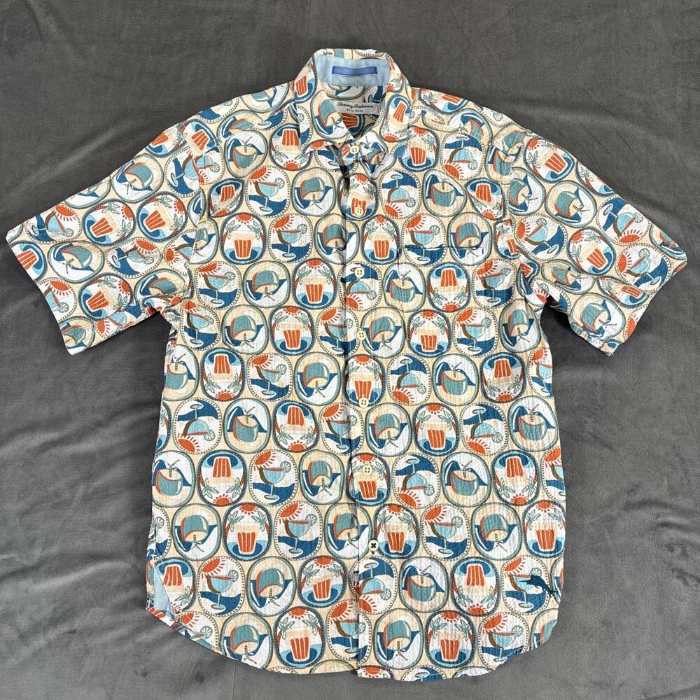 Tommy Bahama Nova Wave Last Call Shirt Mens Small Seersucker Cocktail Charity